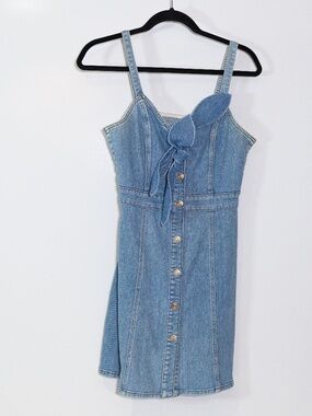 7 For All Mankind Cotton Stretch Double Bow Denim Jean Button Front Mini Dress S